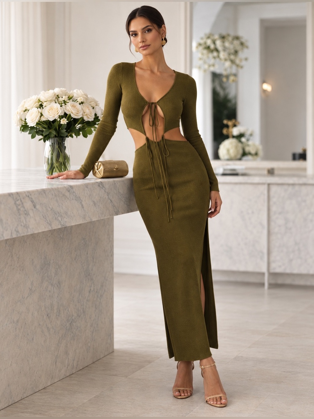 NWT AYA MUSE Lapponi Ribbed Knit Cutout Maxi Dress in Moss Green Sz S